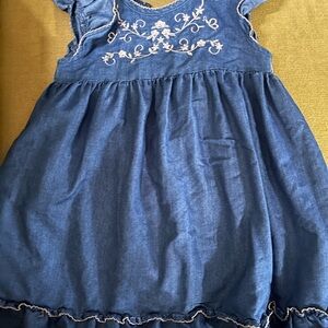 Bonnie Jean Denim Blue Dress with White Embroidery